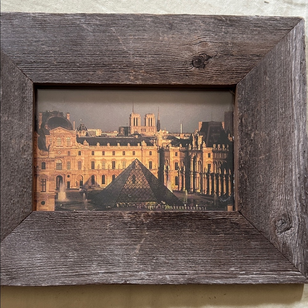 Vintage Brown Wood Frame with Golden Louvre post card 2003